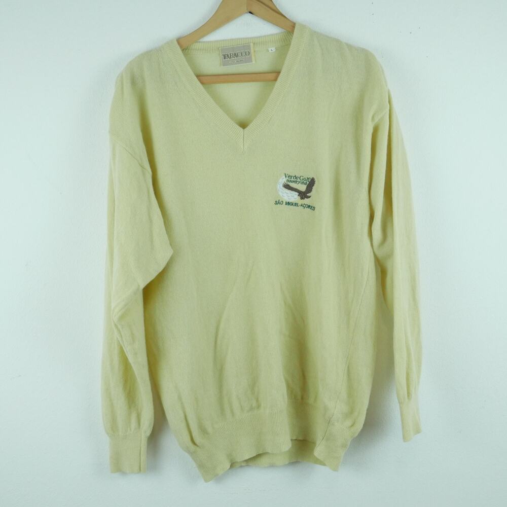 Vintage Large Sweater V Neck Embroidered Eagle Preppy Golf Butter Yellow Grandpa